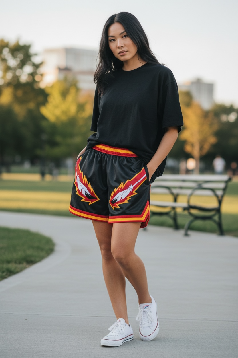 Black/Red/Yellow Flame Feather Shorts