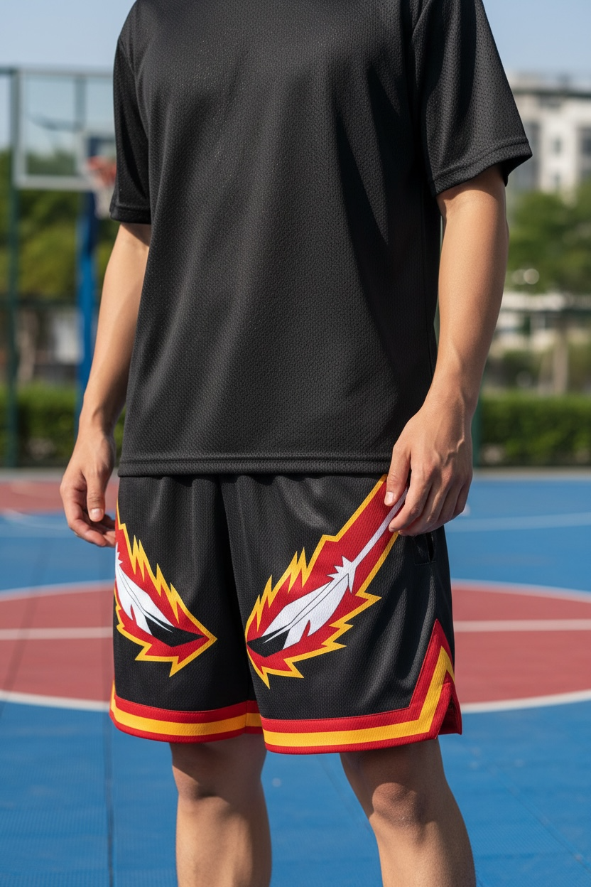 Black/Red/Yellow Flame Feather Shorts