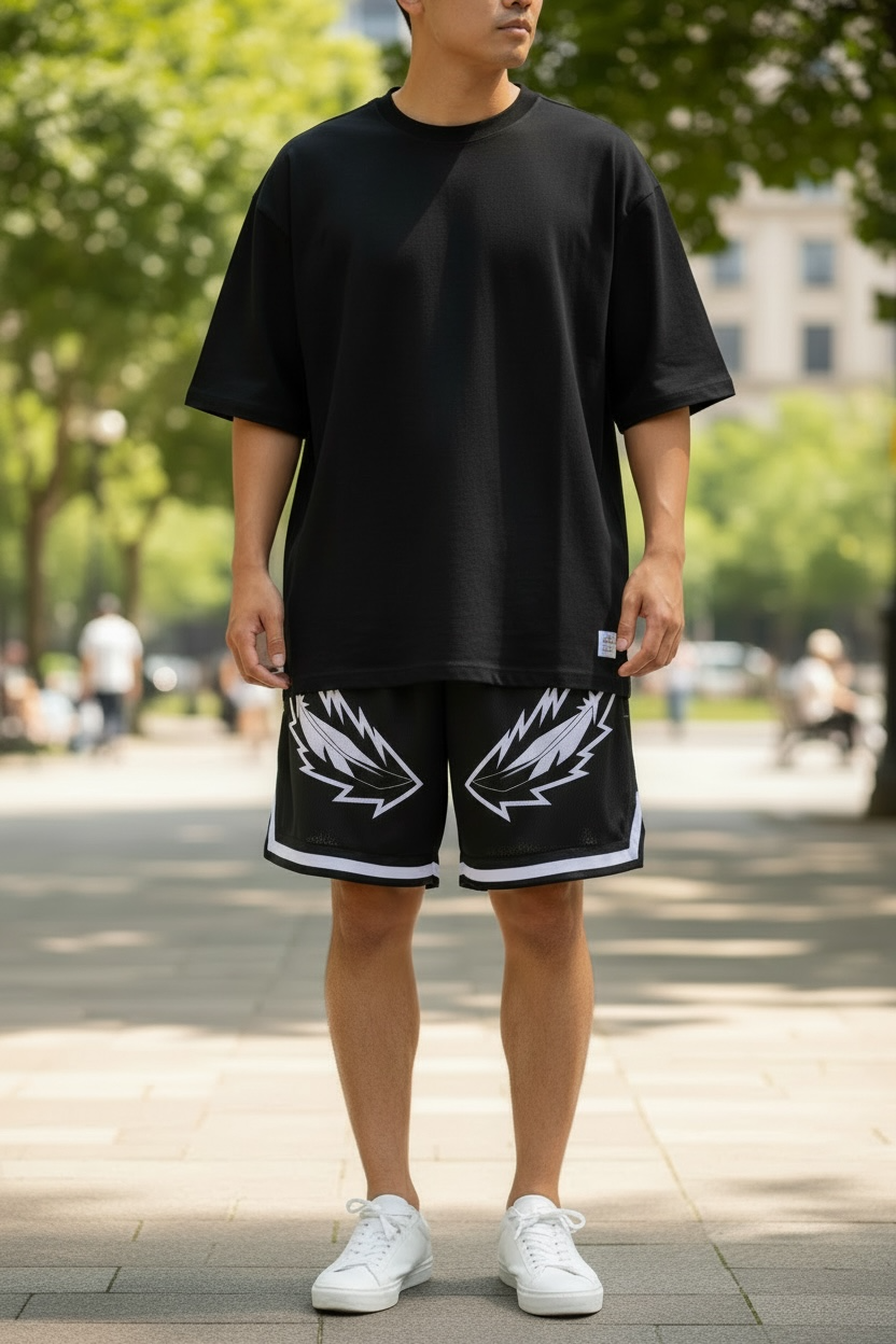 Black/white Flame Feather shorts